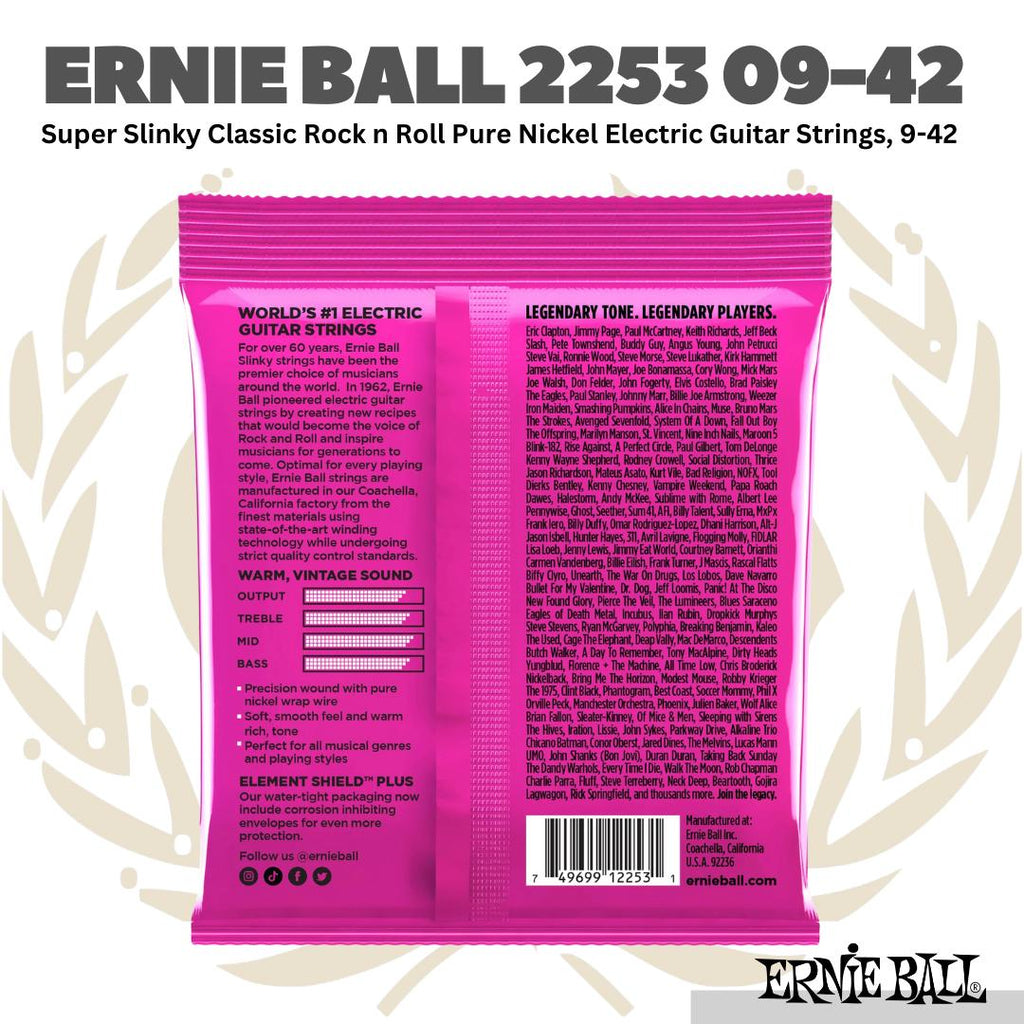 Ernie Ball 2253 Super Slinky Classic Rock n Roll Pure Nickel Electric Guitar Strings, 9-42 - Senar Gitar
