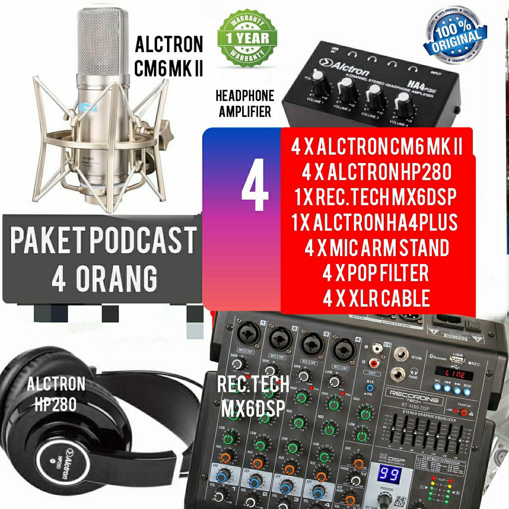 PAKET PODCAST 4 ORANG MIXER RECORDING TECH MX6DSP PLUS MIC
