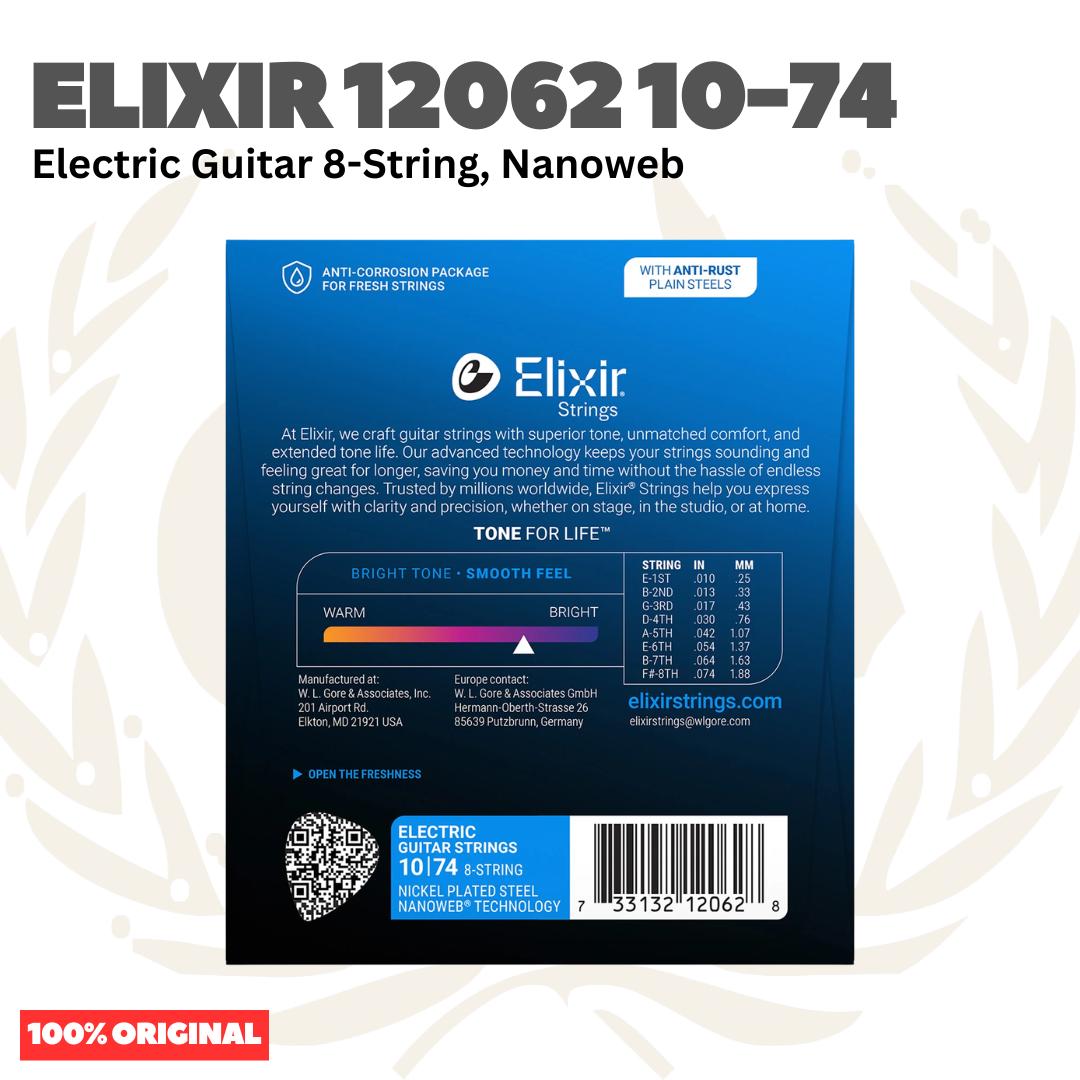 Elixir 12062 Nanoweb Light 8-String Electric Guitar Strings 10-74 - Senar Gitar Listrik