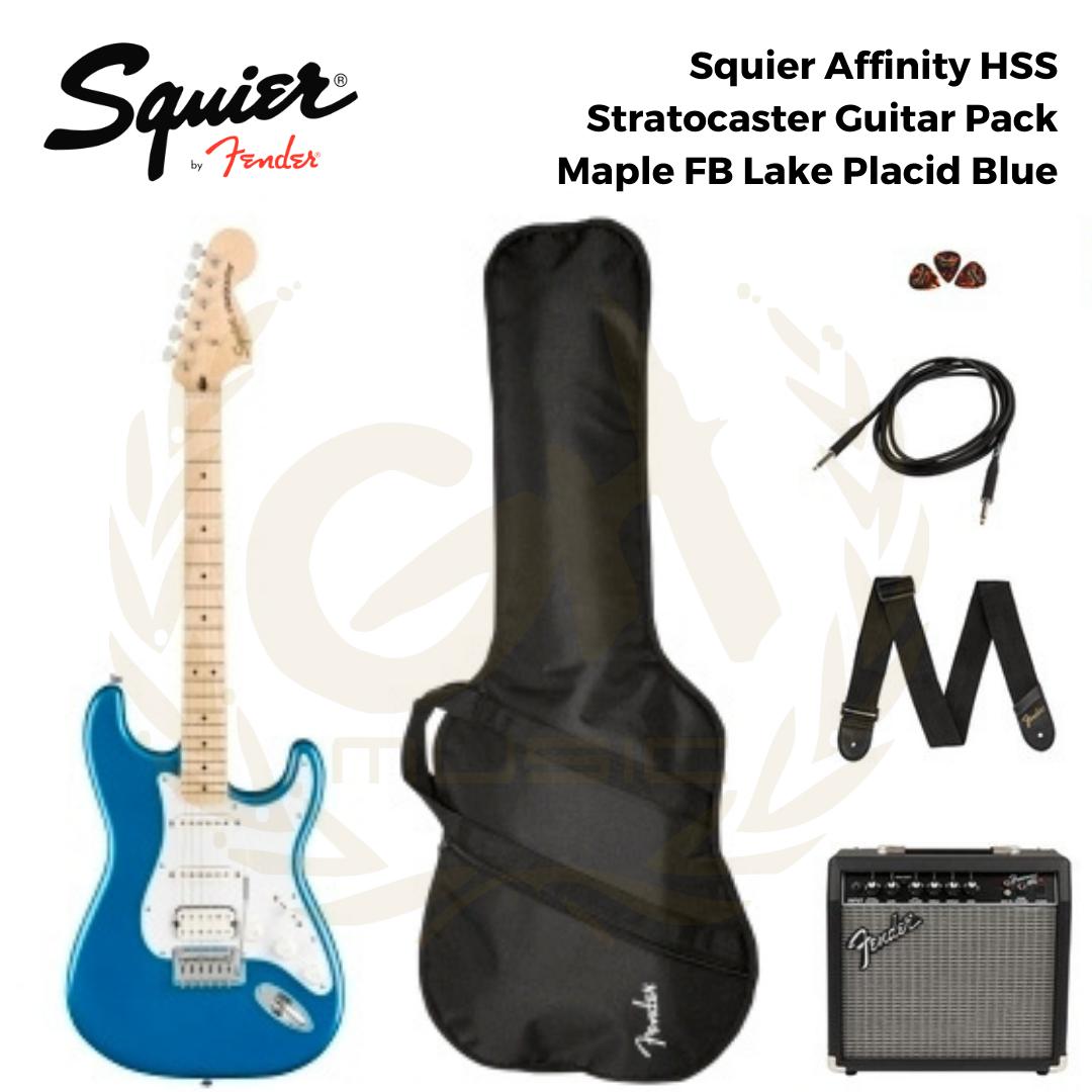 Squier Affinity HSS Stratocaster Guitar Pack, Maple FB, Lake Placid Blue