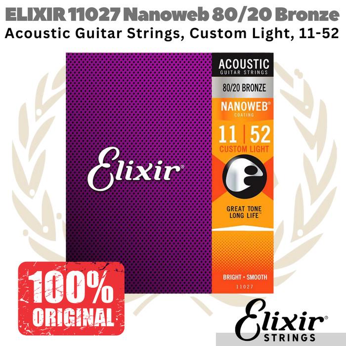 ELIXIR 11027 Nanoweb 80/20 Bronze Acoustic Guitar Strings 11-52 Senar