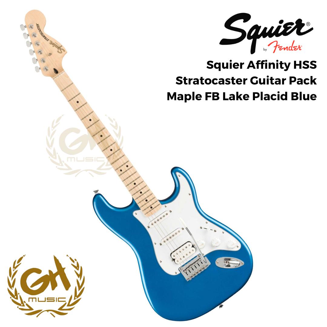 Squier Affinity HSS Stratocaster Guitar Pack, Maple FB, Lake Placid Blue