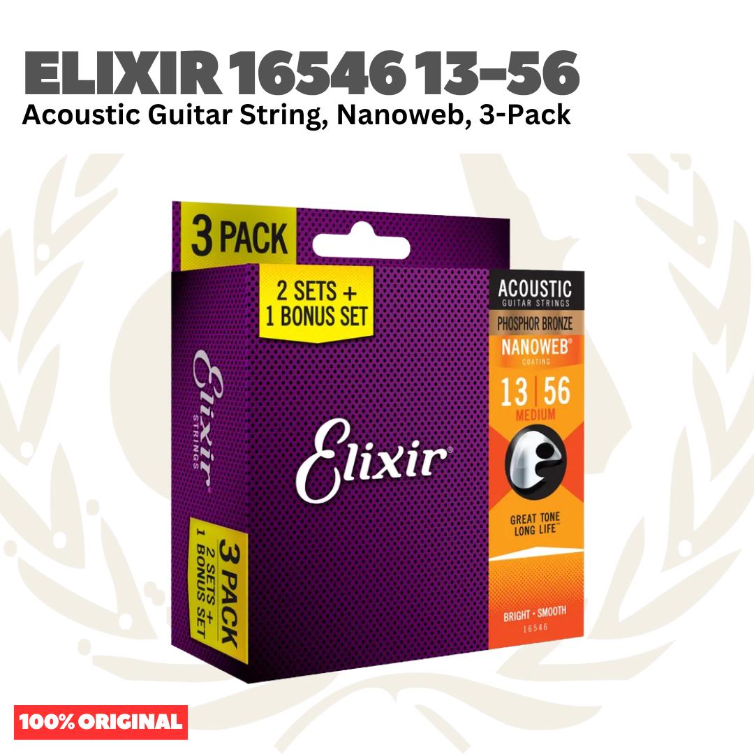 Elixir 16546 Nanoweb Phosphor Bronze Acoustic Guitar Strings, Medium, 13-56, 3-Pack - Senar Gitar Akustik 3-set