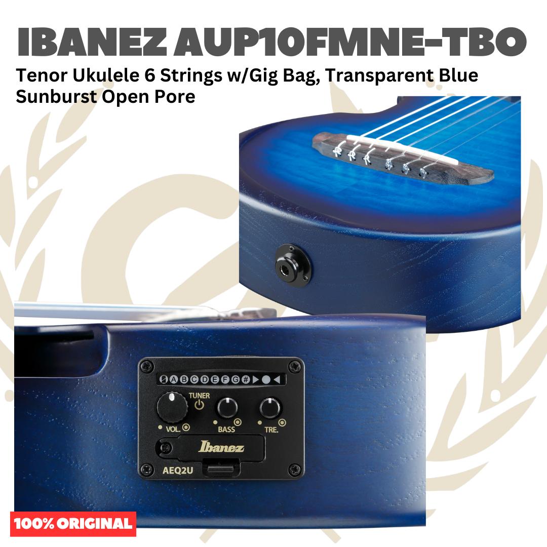 Ibanez AUP10FMNE-TBO Tenor Ukulele 6 String w/Gig Bag, Transparent Blue Sunburst Open Pore - Gitar Lele Elektrik dengan Preamp