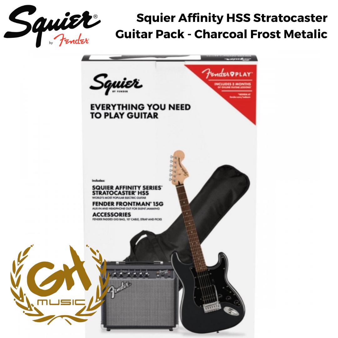Squier Affinity Series HSS Stratocaster Guitar Pack, Laurel FB, Charcoal Frost Metallic, 230V, EU - Gitar Listrik Paket