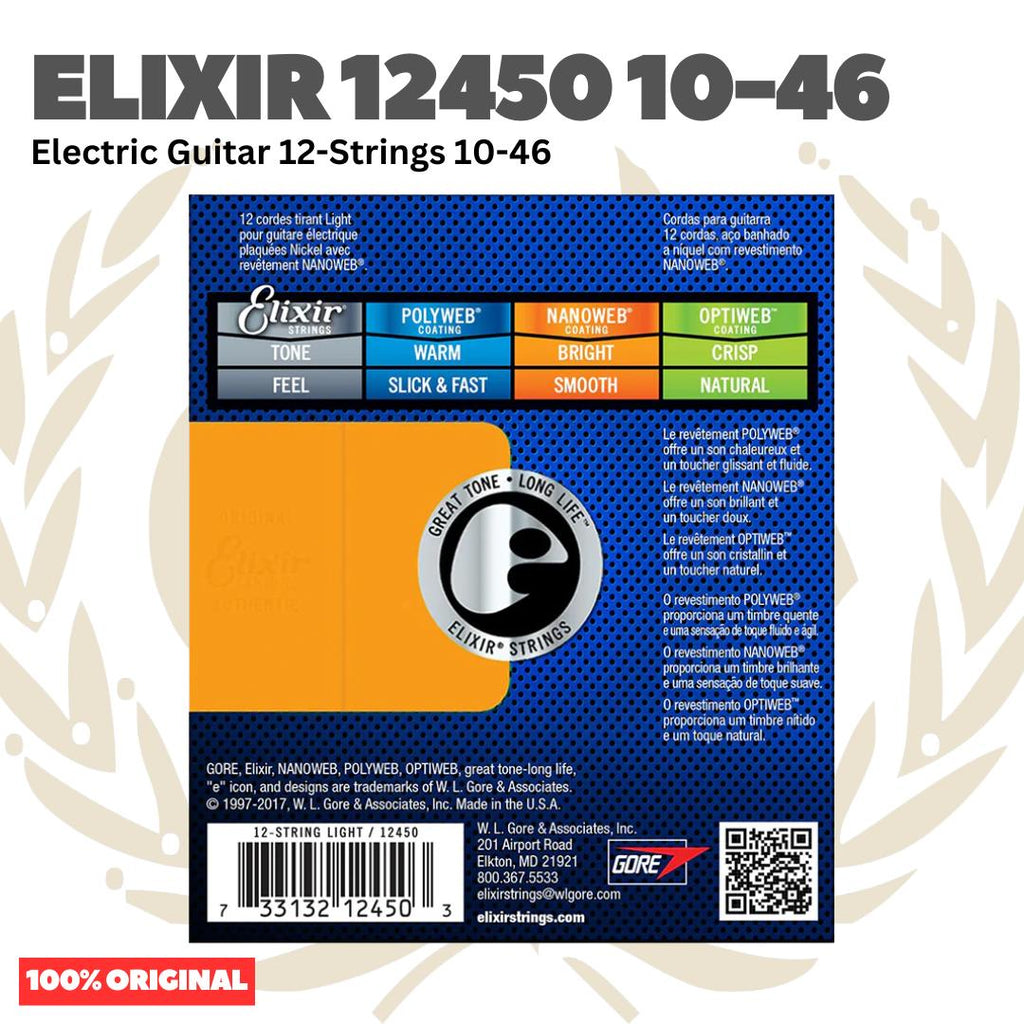 Elixir 12450 Nanoweb Electric Guitar Strings, 12-String Light, 10-46 - Senar Gitar Listrik Elektrik Original Asli