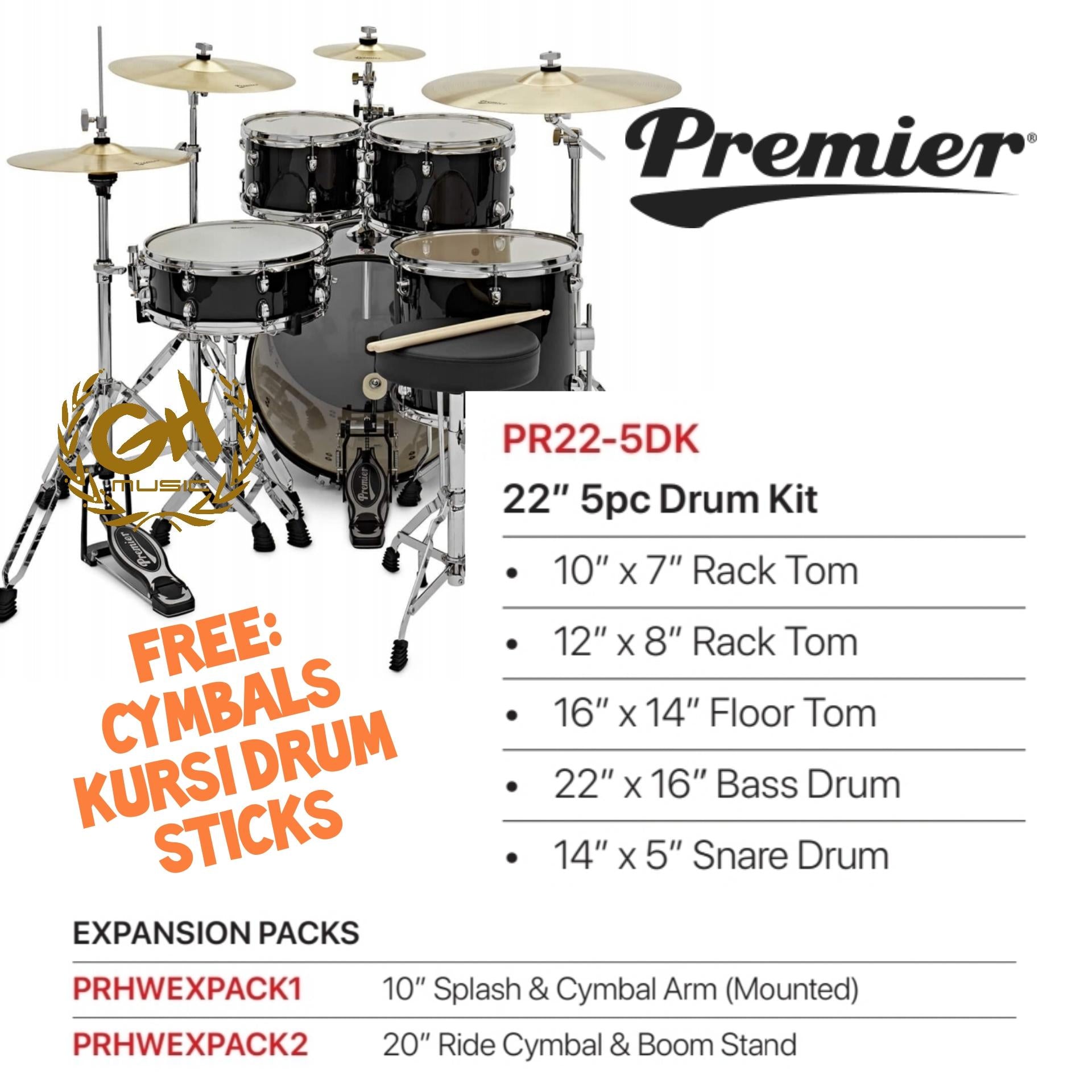 PREMIER REVOLUTION 5 Pcs Drum Set 22" | Free Cymbal, Splash, Kursi