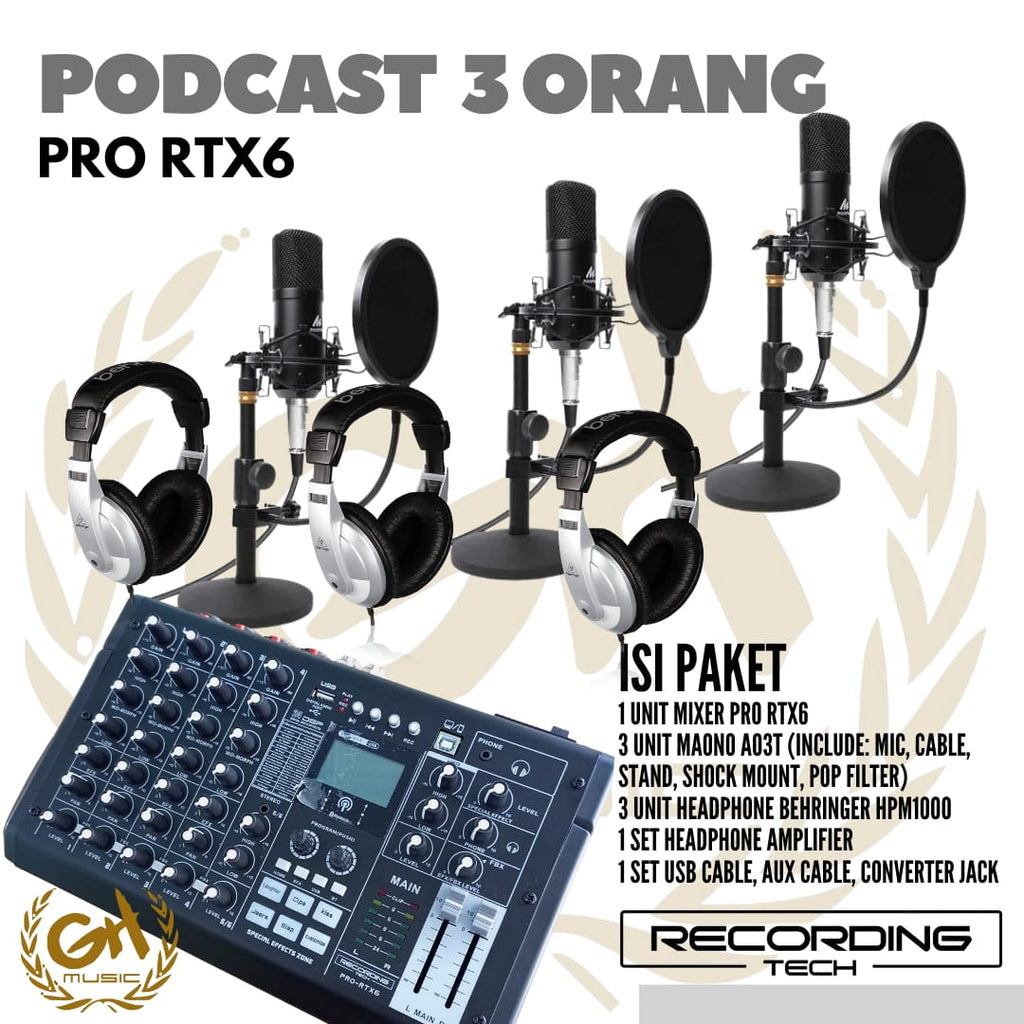 RECORDING TECH PRO RTX6 PLUS MAONO A03T, PAKET PODCAST 3 ORANG KOMPLIT