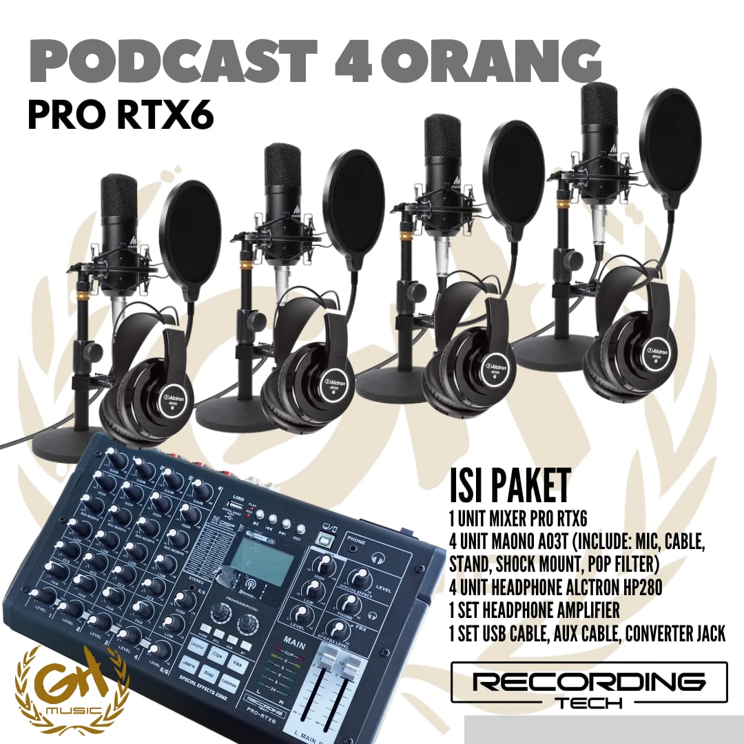 RECORDING TECH PRO RTX6 PLUS MAONO A03T, PAKET PODCAST 4 ORANG KOMPLIT