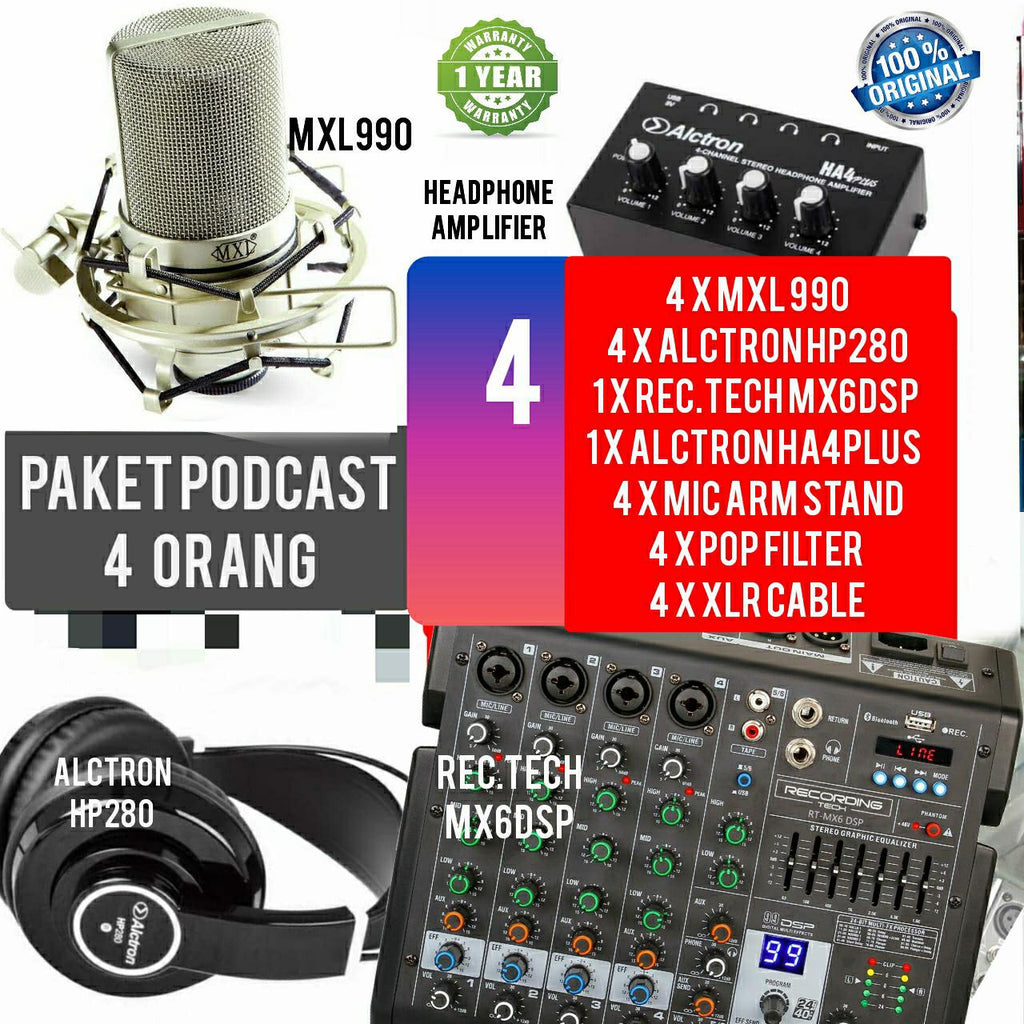 PAKET PODCAST 4 ORANG MIXER RECORDING TECH MX6DSP PLUS MIC