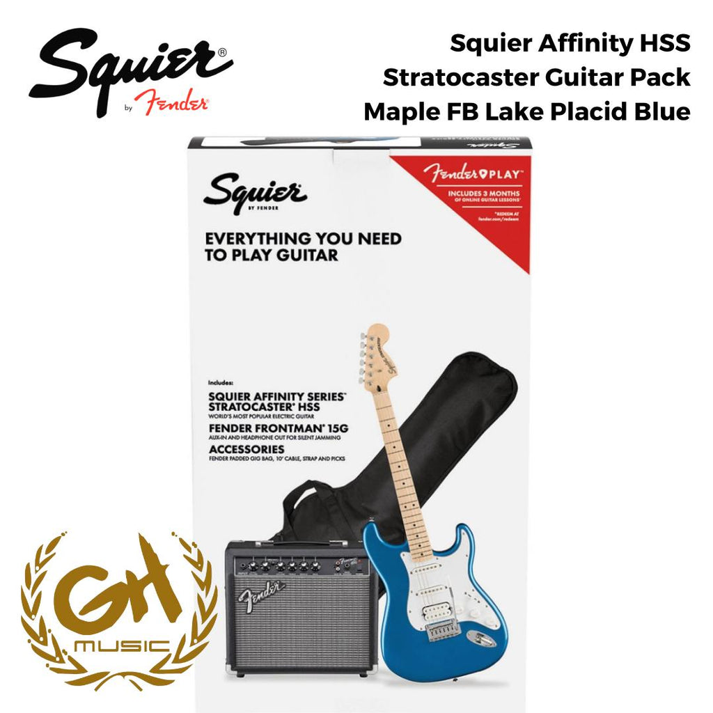 Squier Affinity HSS Stratocaster Guitar Pack, Maple FB, Lake Placid Blue