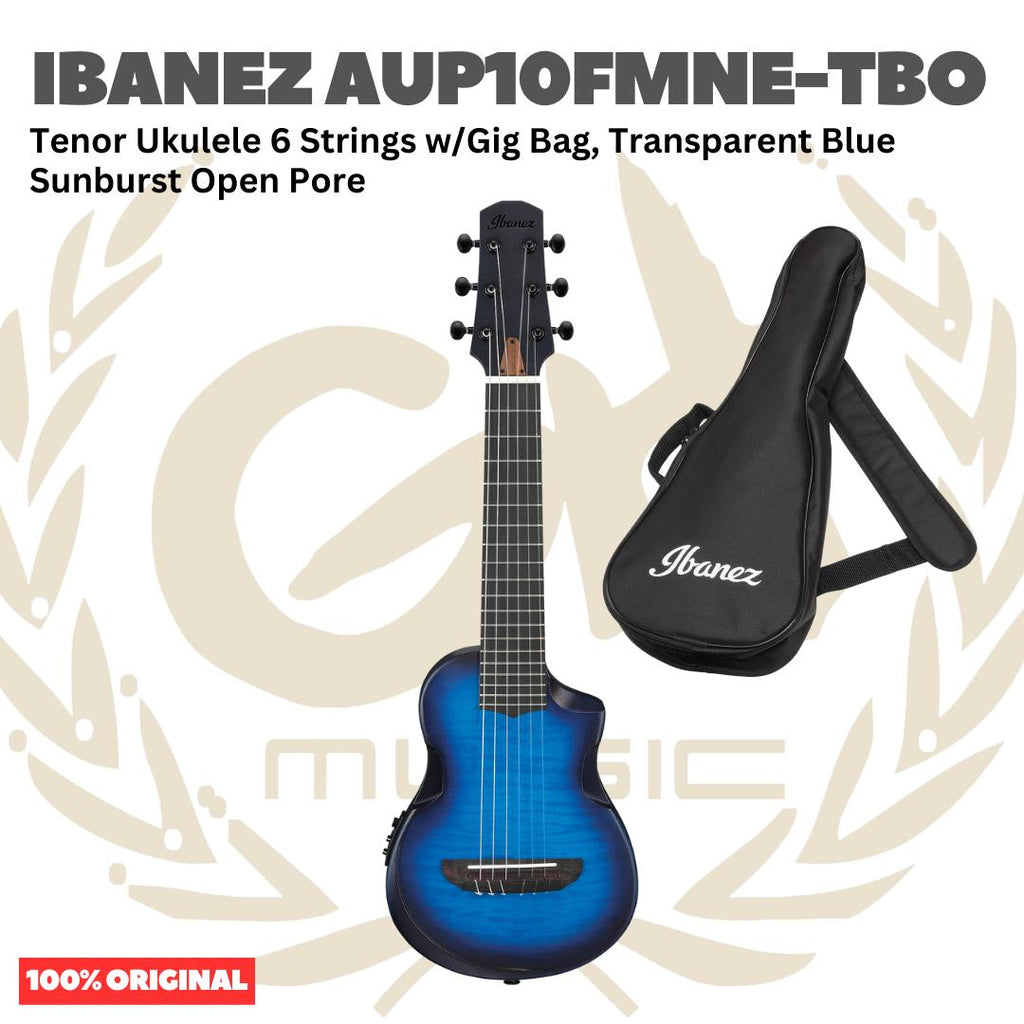 Ibanez AUP10FMNE-TBO Tenor Ukulele 6 String w/Gig Bag, Transparent Blue Sunburst Open Pore - Gitar Lele Elektrik dengan Preamp