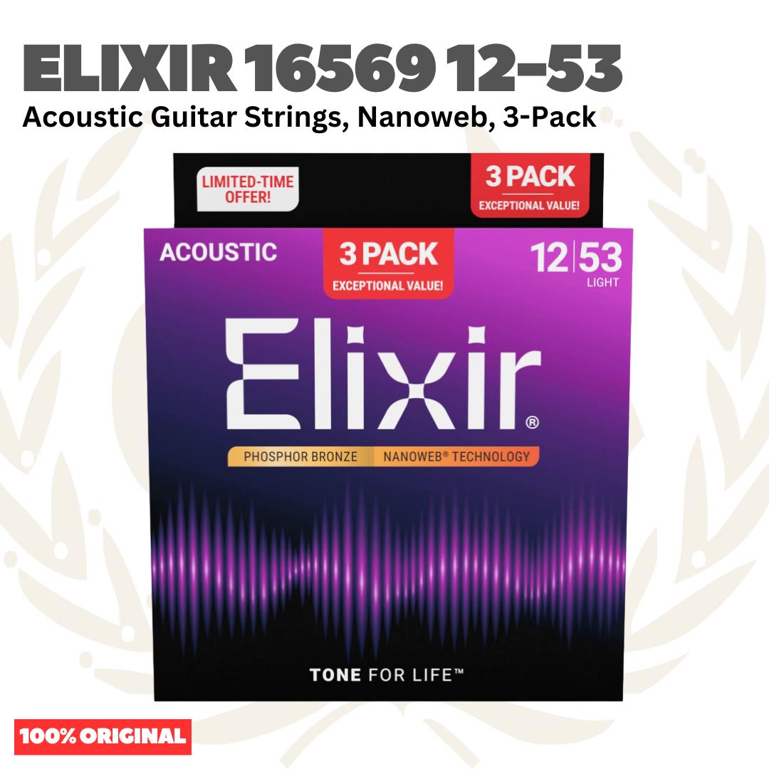 ELIXIR 16569 Nanoweb 3-Pack Phosphor Bronze Custom Light, 12-53 Acoustic Guitar Strings - Senar Gitar Acoustic isi 3Pack