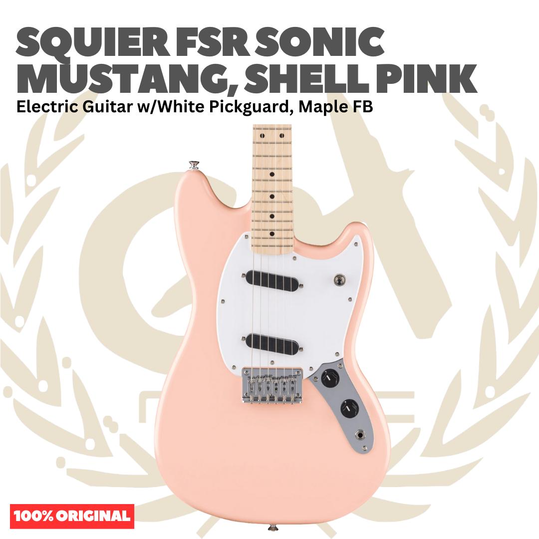 Squier FSR Sonic Mustang Electric Guitar w/White Pickguard, Maple FB, Shell Pink - Gitar Listrik Elektrik Original Asli