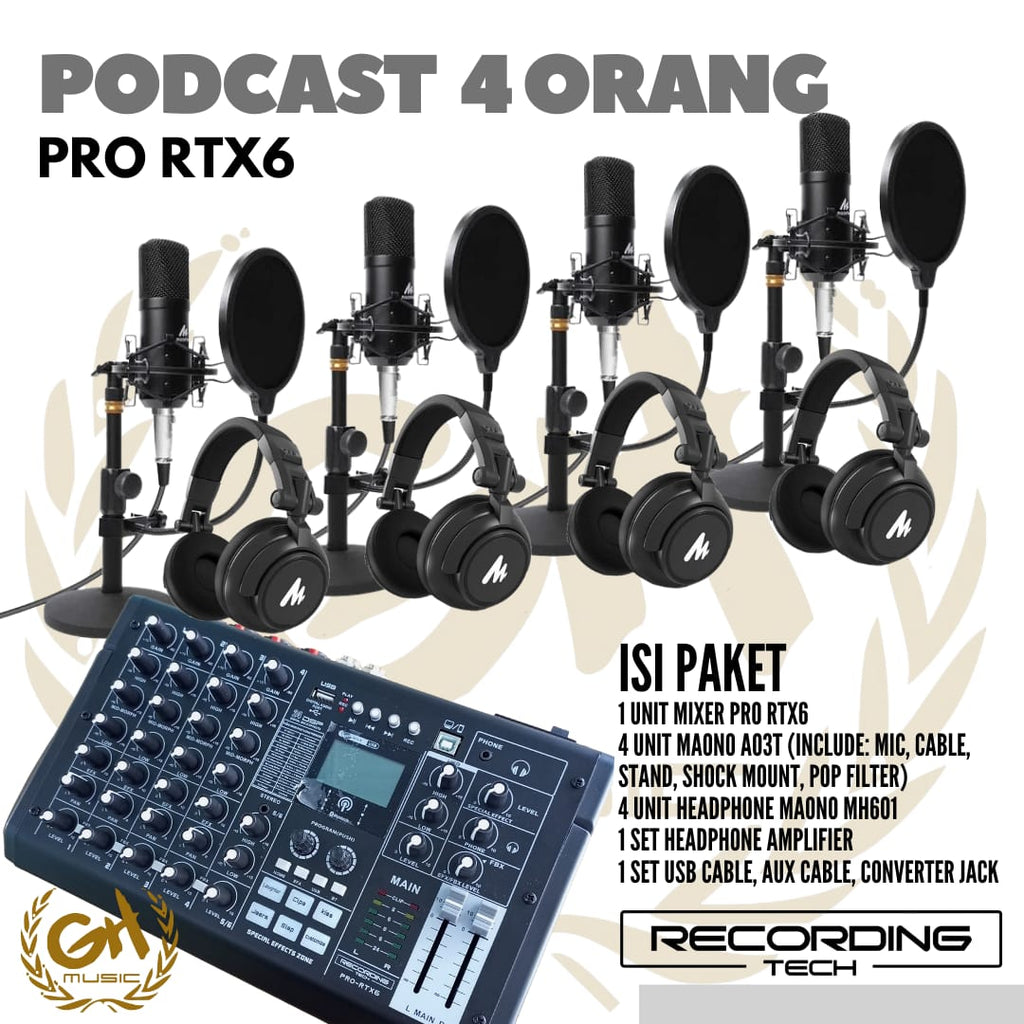 RECORDING TECH PRO RTX6 PLUS MAONO A03T, PAKET PODCAST 4 ORANG KOMPLIT