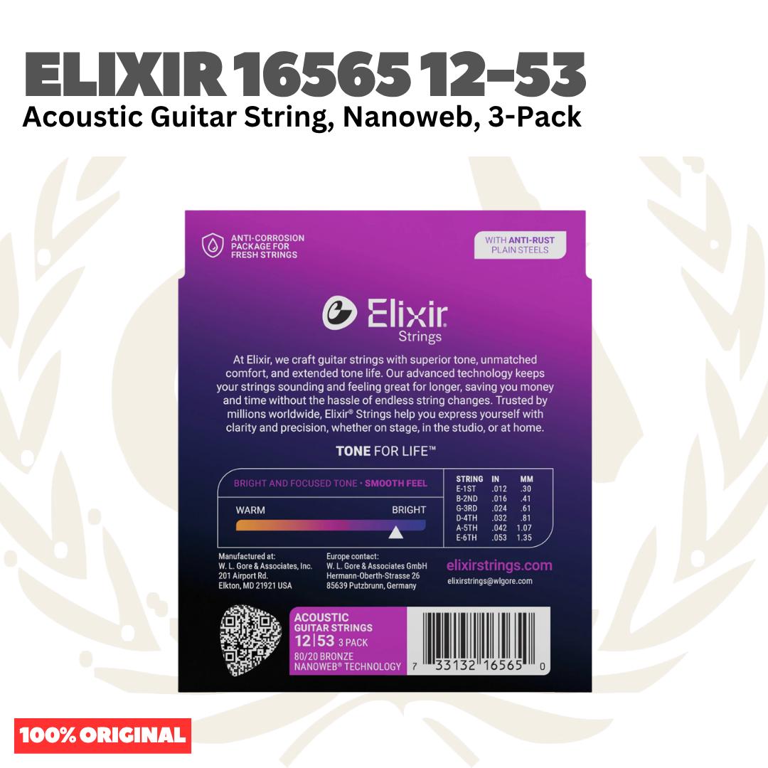 Elixir 16565 Nanoweb 80/20 Bronze Light Acoustic Guitar Strings, 12-53, 3-Pack - Senar Gitar Akustik 3-set