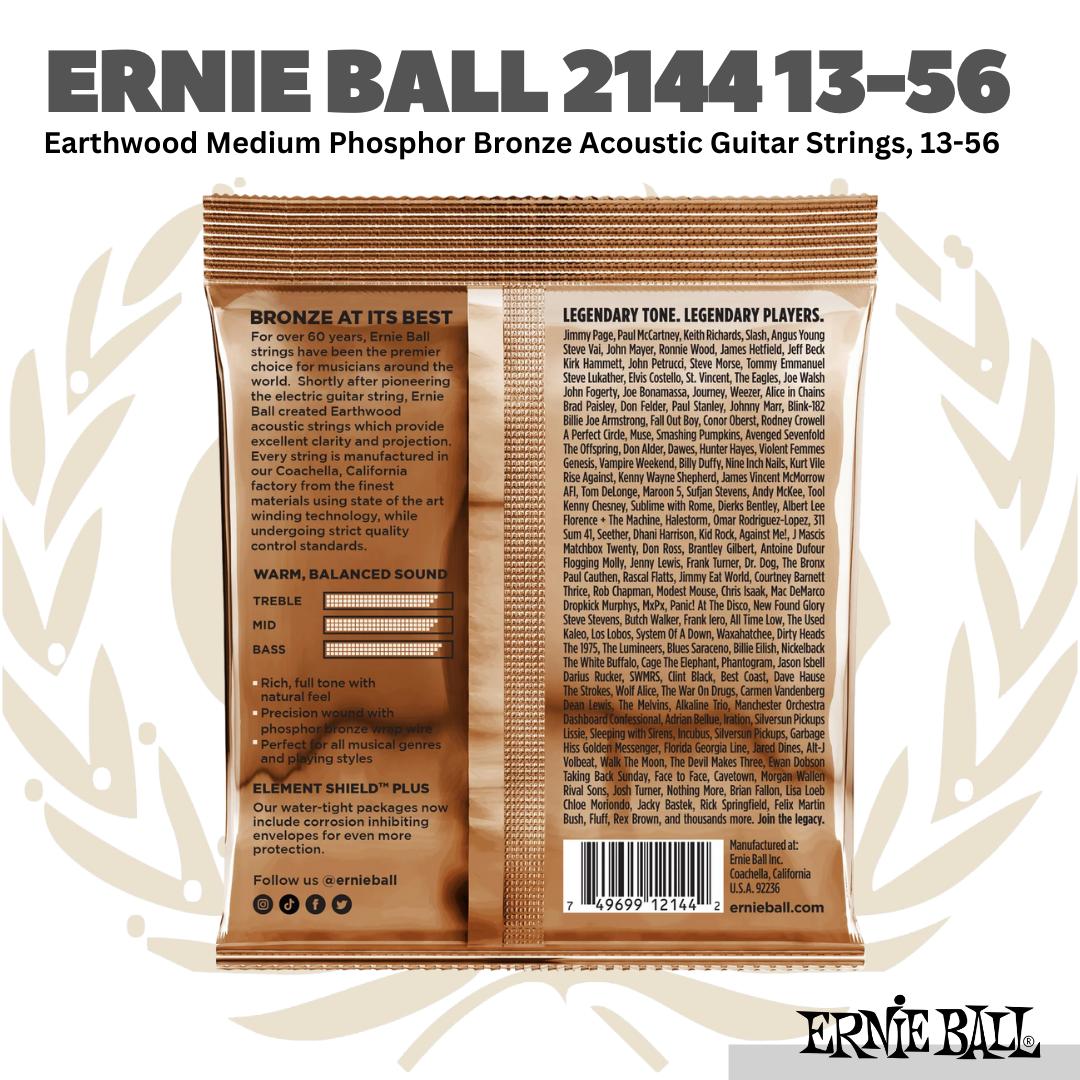 Ernie Ball 2144 Earthwood Medium Phosphor Bronze Acoustic Guitar Strings, 13-56