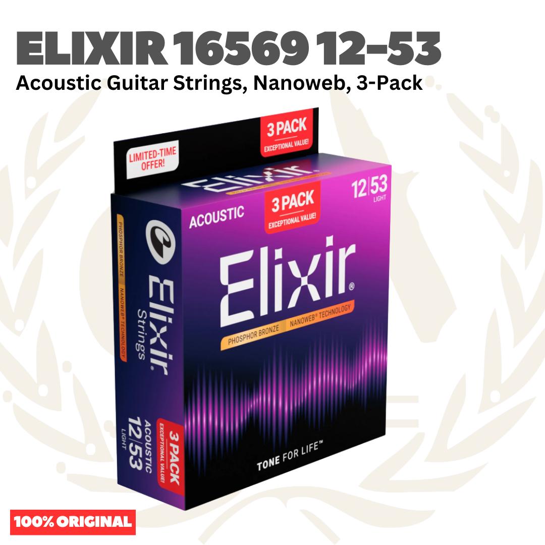 ELIXIR 16569 Nanoweb 3-Pack Phosphor Bronze Custom Light, 12-53 Acoustic Guitar Strings - Senar Gitar Acoustic isi 3Pack