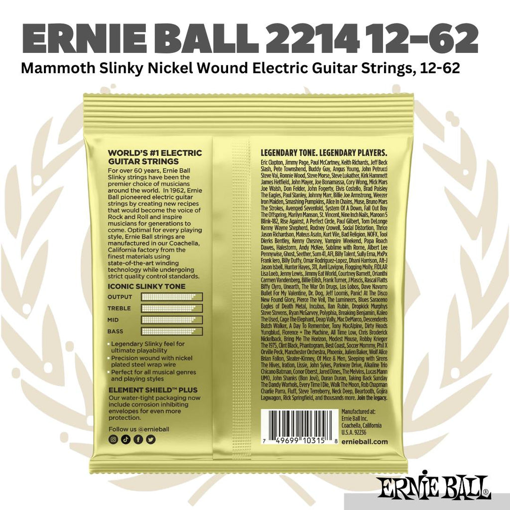 Ernie Ball 2214 Mammoth Slinky Nickel Wound Electric Guitar Strings, 12-62 | Senar Gitar Elektrik 0.12 Asli Original
