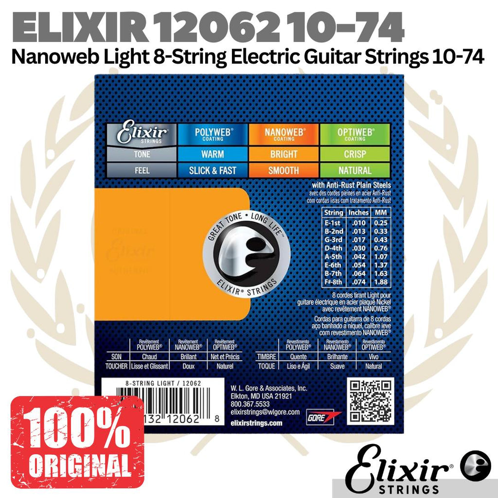 ELIXIR 12062 Nanoweb Light 8-String Electric Guitar Strings 10-74