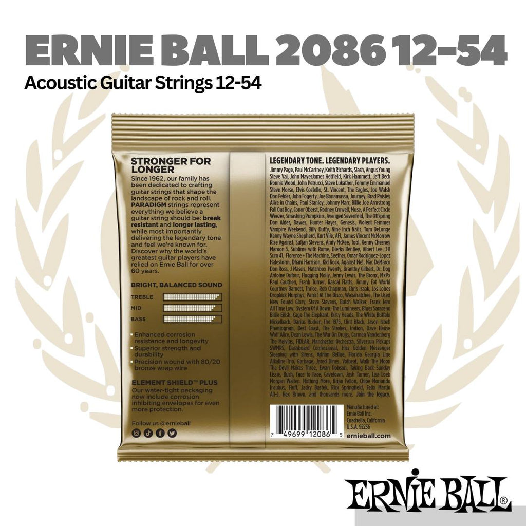 Ernie Ball 2086 Paradigm 80/20 Bronze Acoustic Guitar Strings, 12-54