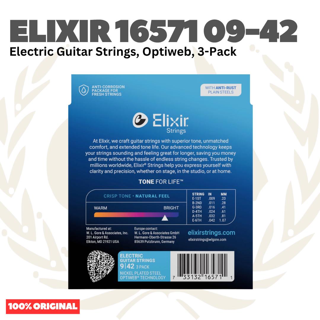 ELIXIR 16571 Optiweb 3-Pack Nickel Plated Steel Super Light, 09-42 Electric Guitar Strings - Senar Gitar Listrik Elektrik isi 3Pack