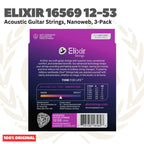 ELIXIR 16569 Nanoweb 3-Pack Phosphor Bronze Custom Light, 12-53 Acoustic Guitar Strings - Senar Gitar Acoustic isi 3Pack