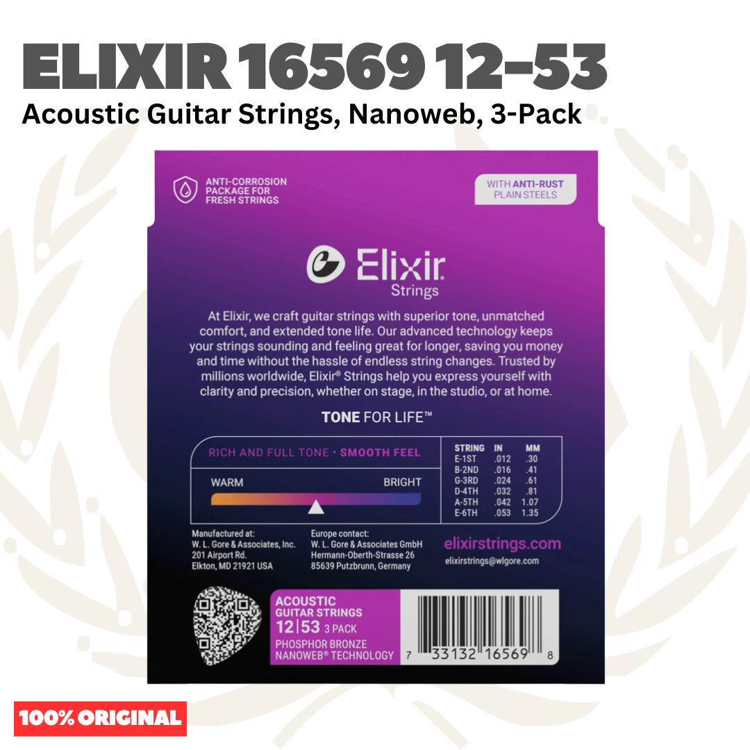 ELIXIR 16569 Nanoweb 3-Pack Phosphor Bronze Custom Light, 12-53 Acoustic Guitar Strings - Senar Gitar Acoustic isi 3Pack