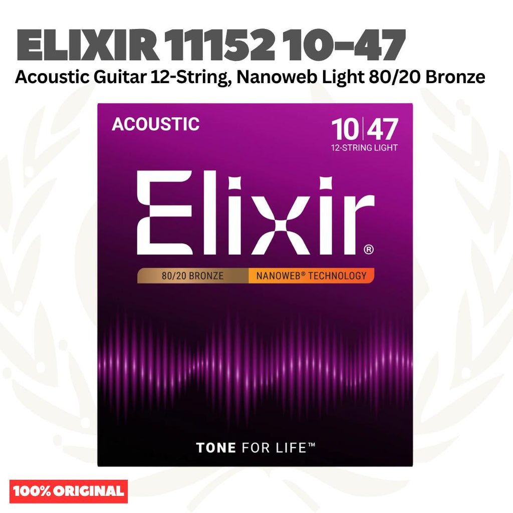Elixir 11152 10-47 Nanoweb 80/20 Bronze Acoustic Guitar Strings, 12-String
