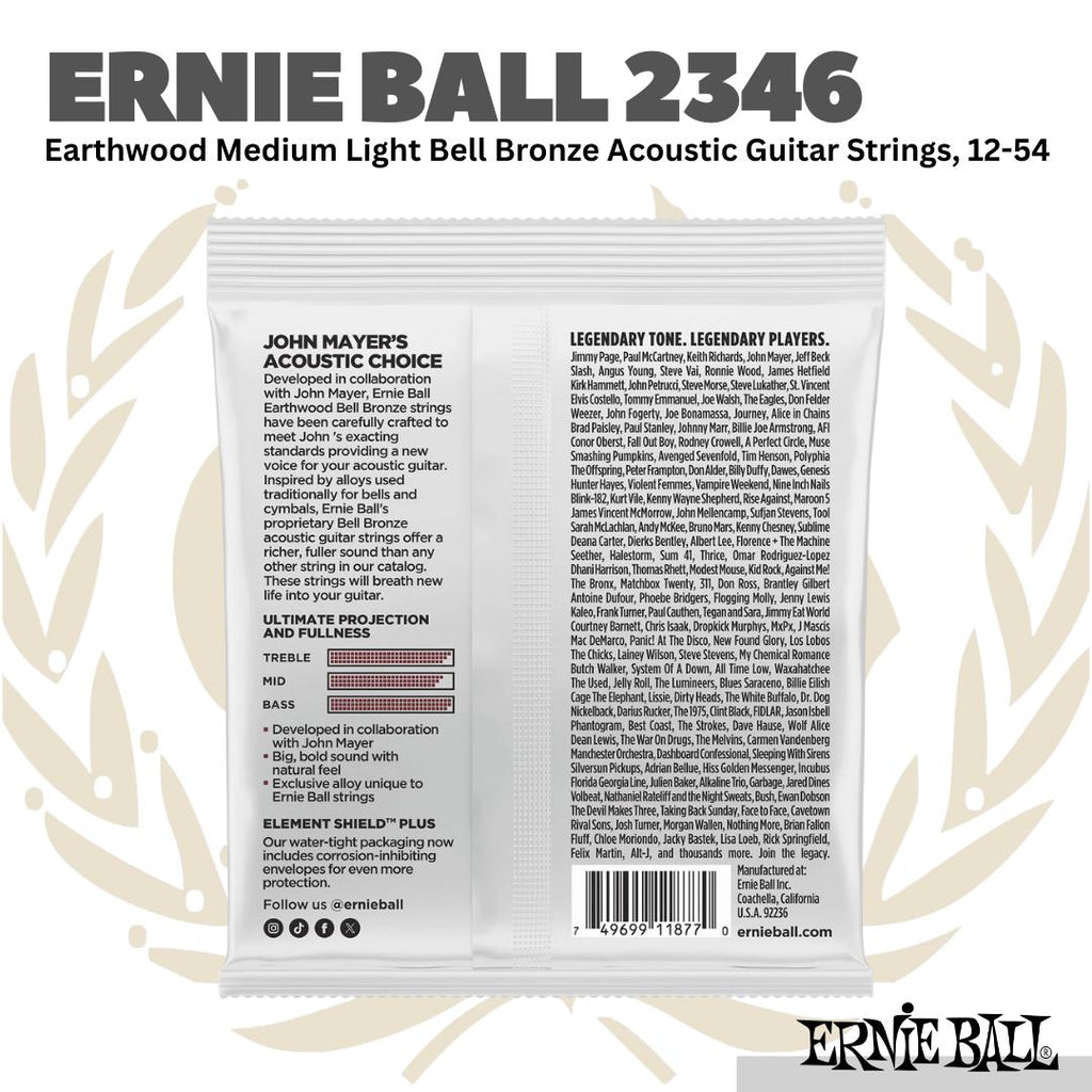 Ernie Ball 2346 Earthwood Medium Light Bell Bronze Acoustic Guitar Strings, 12-54 - Senar Gitar Akustik