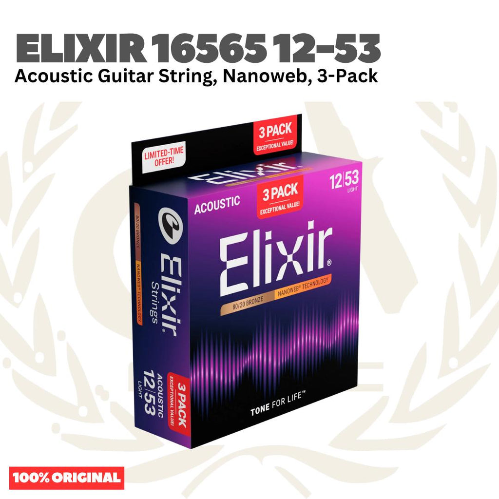 Elixir 16565 Nanoweb 80/20 Bronze Light Acoustic Guitar Strings, 12-53, 3-Pack - Senar Gitar Akustik 3-set