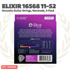ELIXIR 16568 Nanoweb 3-Pack Phosphor Bronze Custom Light, 11-52 Acoustic Guitar Strings - Senar Gitar Acoustic isi 3Pack