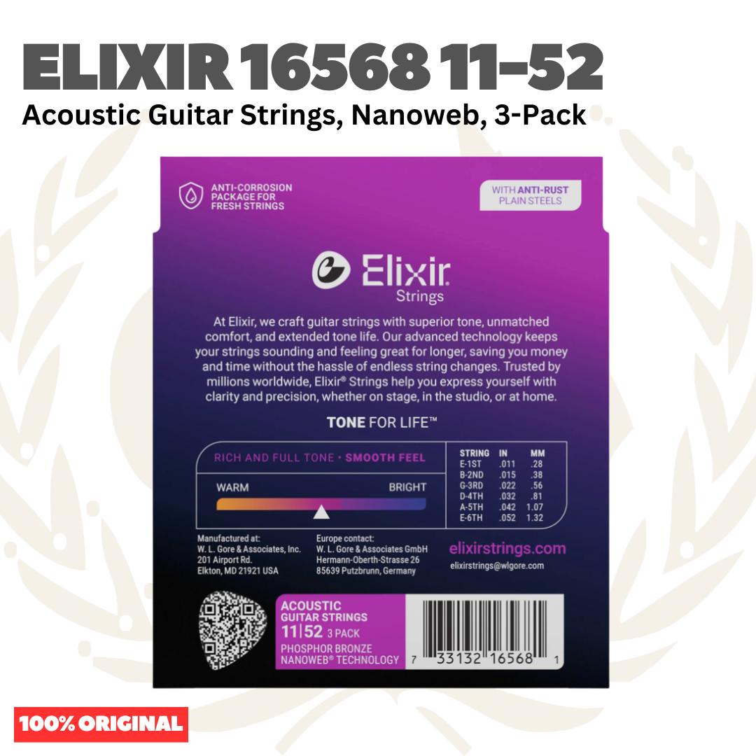 ELIXIR 16568 Nanoweb 3-Pack Phosphor Bronze Custom Light, 11-52 Acoustic Guitar Strings - Senar Gitar Acoustic isi 3Pack