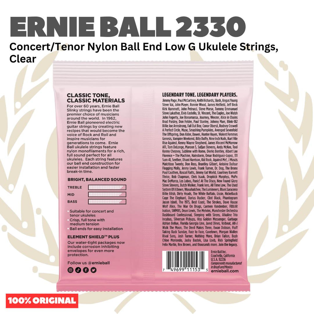 Ernie Ball 2330 Concert/Tenor Nylon Ball End Low G Ukulele Strings, Clear - Senar Ukulele