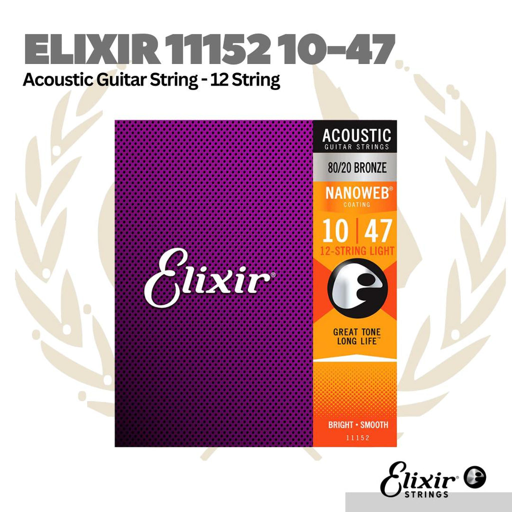 Elixir 11152 10-47 Nanoweb 80/20 Bronze Acoustic Guitar Strings, 12-String