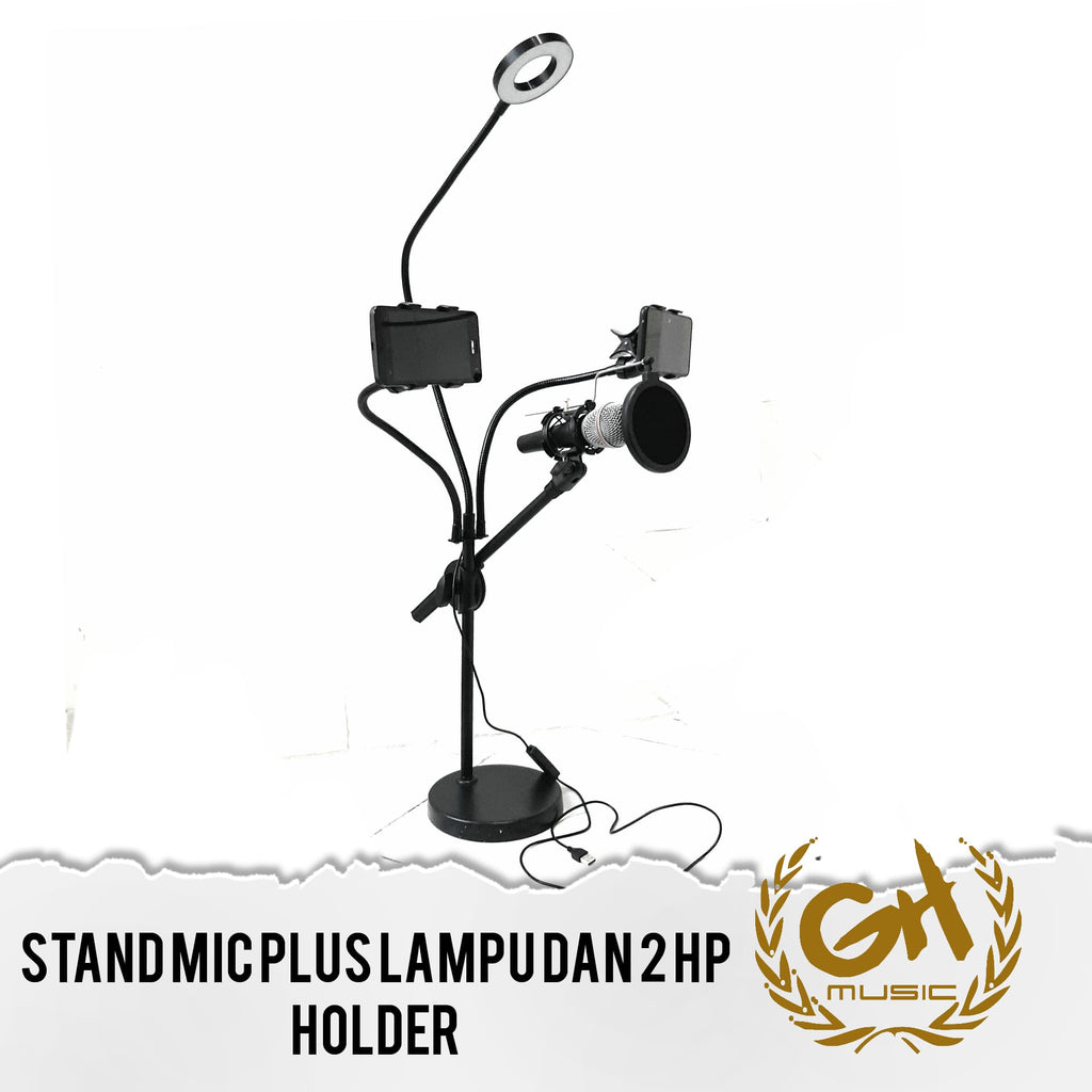 STAND MIC LAMPU 2 HP HOLDER UNTUK ZOOM SMULE BIGO COVER LAGU STREAMING