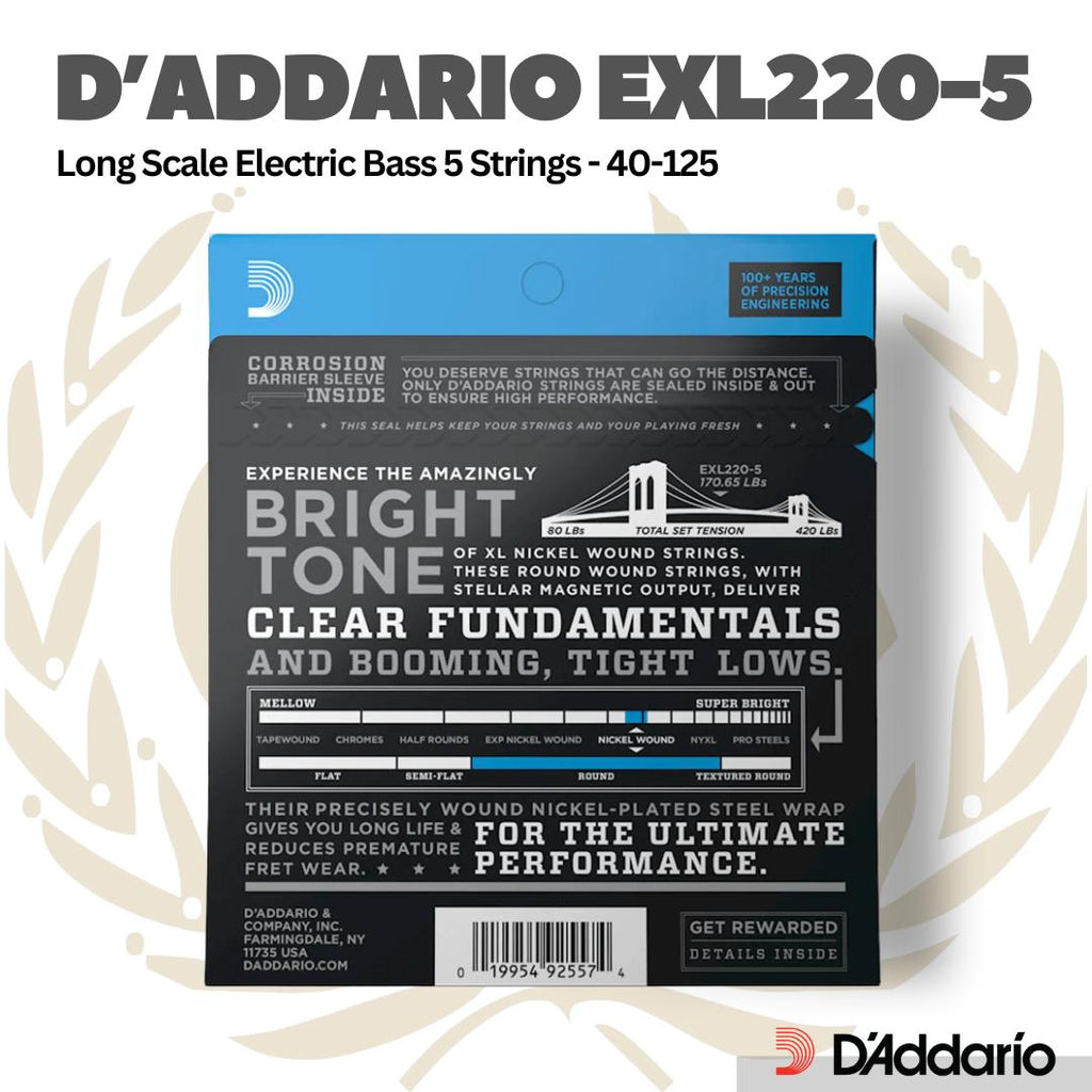 D'Addario EXL220-5 Long Scale 40-125 | Senar Bass 5 String