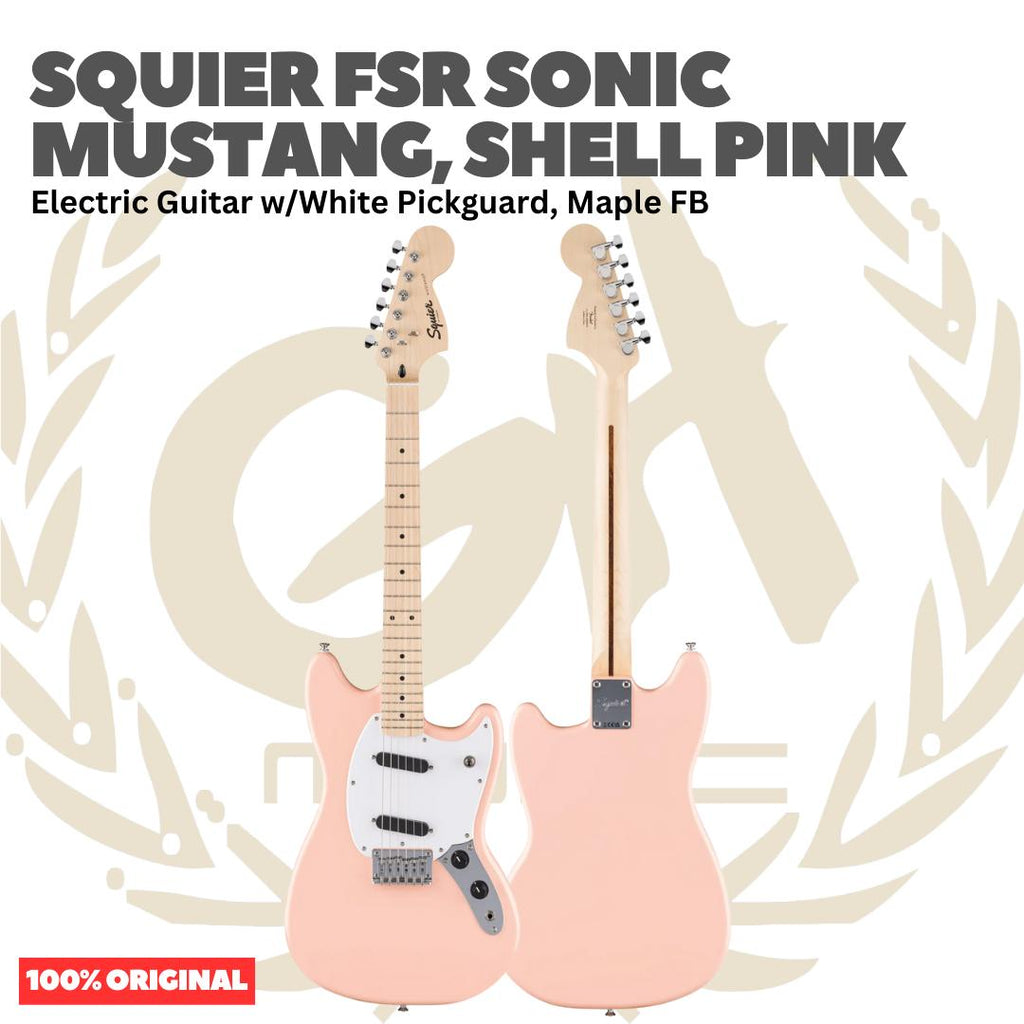 Squier FSR Sonic Mustang Electric Guitar w/White Pickguard, Maple FB, Shell Pink - Gitar Listrik Elektrik Original Asli