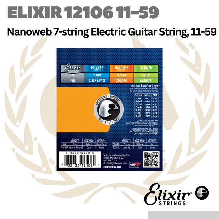 Elixir 12106 Nanoweb Medium 7-String Electric Guitar Strings 11-59