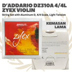D'Addario DZ310A 4/4 Zyex Violin String Set with Aluminum D, 4/4 Scale, Heavy, Medium & Light Tension - Senar Violin Set Original