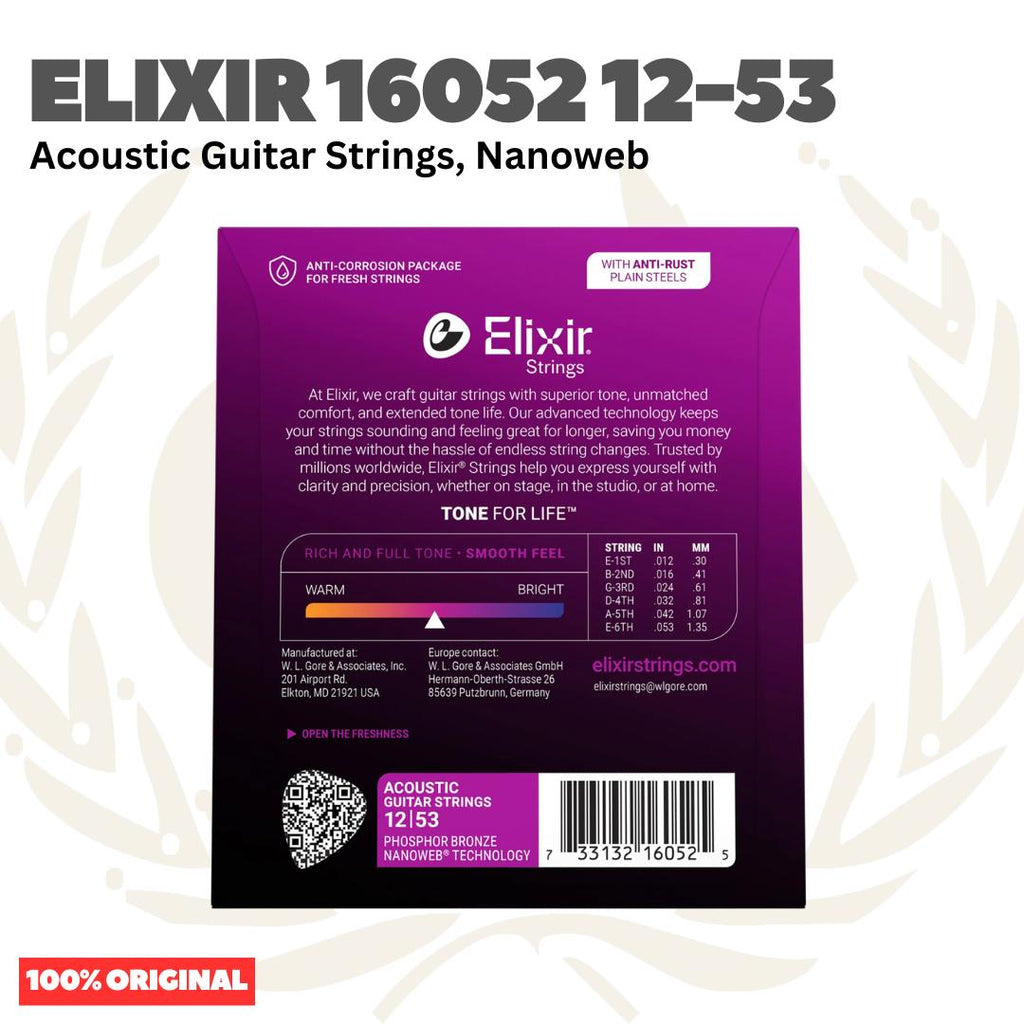 ELIXIR 16052 Nanoweb Phosphor Bronze Acoustic Guitar Strings 12-53 - Senar Gitar Akustik