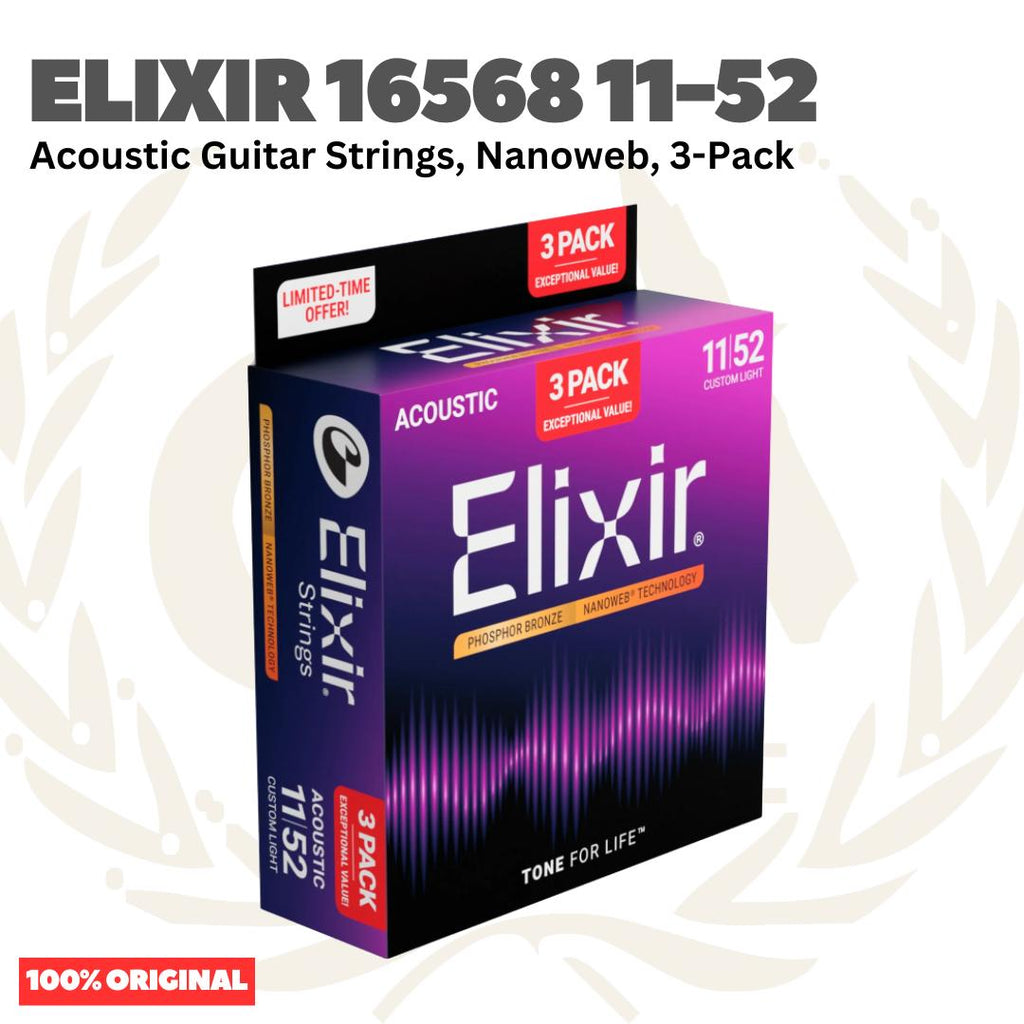 ELIXIR 16568 Nanoweb 3-Pack Phosphor Bronze Custom Light, 11-52 Acoustic Guitar Strings - Senar Gitar Acoustic isi 3Pack