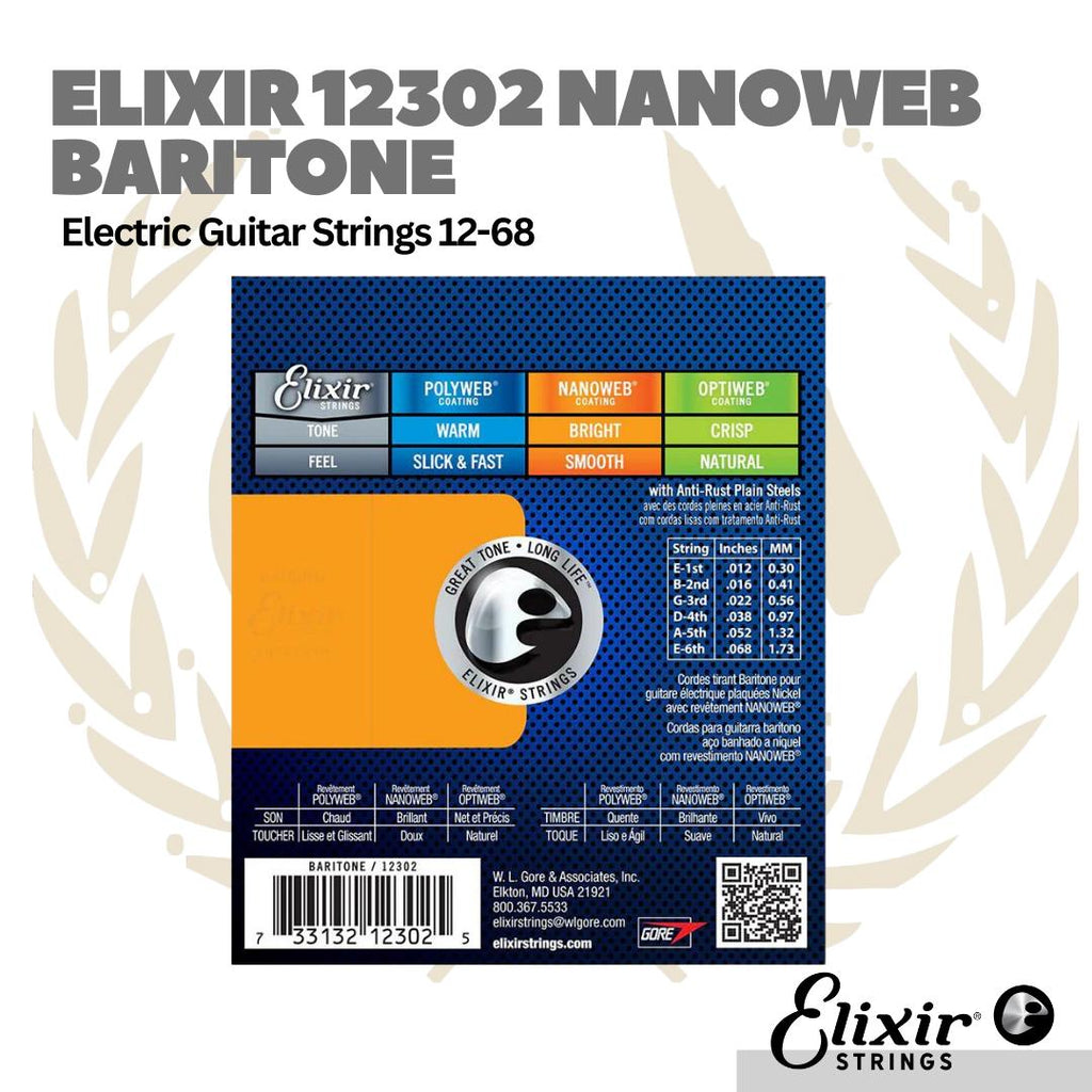 Elixir 12302 12-68 Nanoweb Baritone Electric Guitar Strings