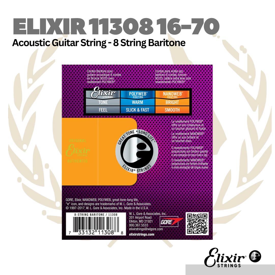 Elixir 11308 16-70 Nanoweb 80/20 8-String Baritone Acoustic Guitar Strings