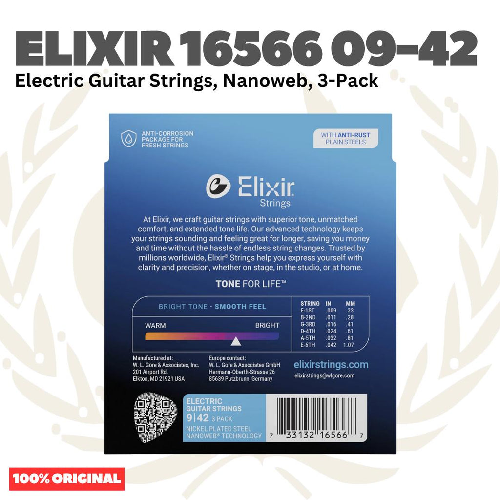 ELIXIR 16566 Nanoweb 3-Pack Nickel Plated Steel Super Light, 09-42 Electric Guitar String - Senar Gitar Listrik Elektrik isi 3Pack