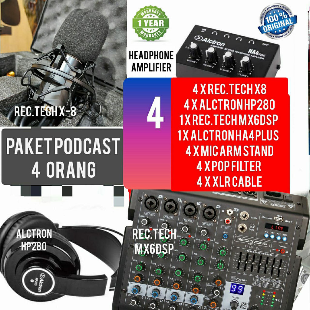 PAKET PODCAST 4 ORANG MIXER RECORDING TECH MX6DSP PLUS MIC
