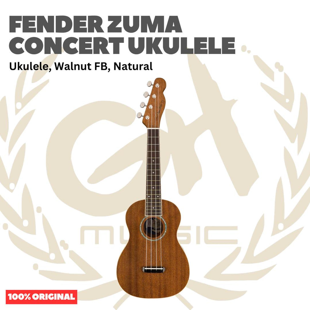 Fender Zuma Concert Ukulele, Walnut FB, Natural - Ukulele 4-Senar Original Asli