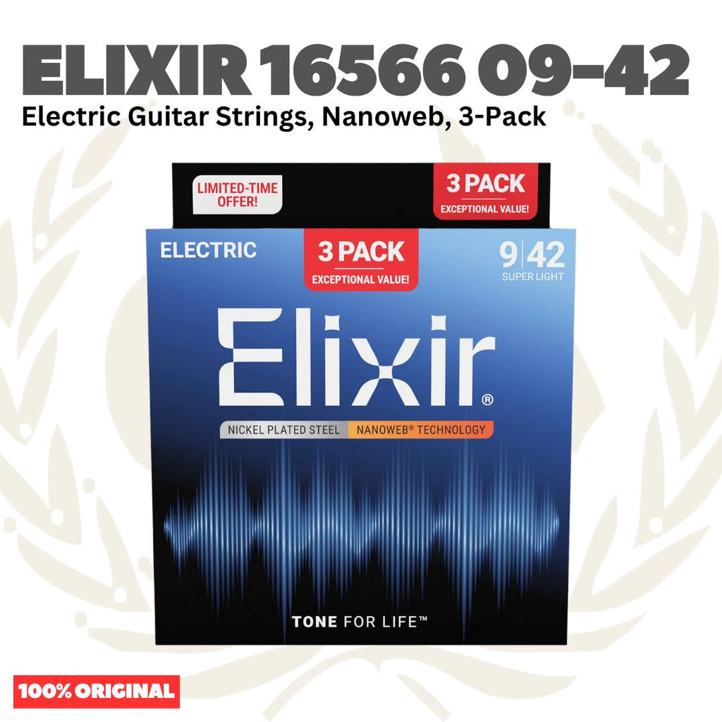 ELIXIR 16566 Nanoweb 3-Pack Nickel Plated Steel Super Light, 09-42 Electric Guitar String - Senar Gitar Listrik Elektrik isi 3Pack