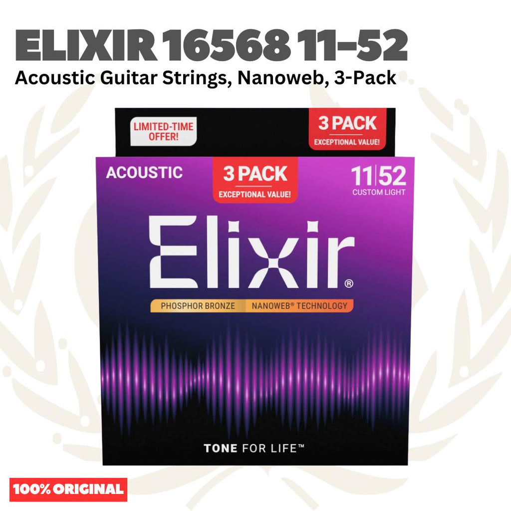 ELIXIR 16568 Nanoweb 3-Pack Phosphor Bronze Custom Light, 11-52 Acoustic Guitar Strings - Senar Gitar Acoustic isi 3Pack