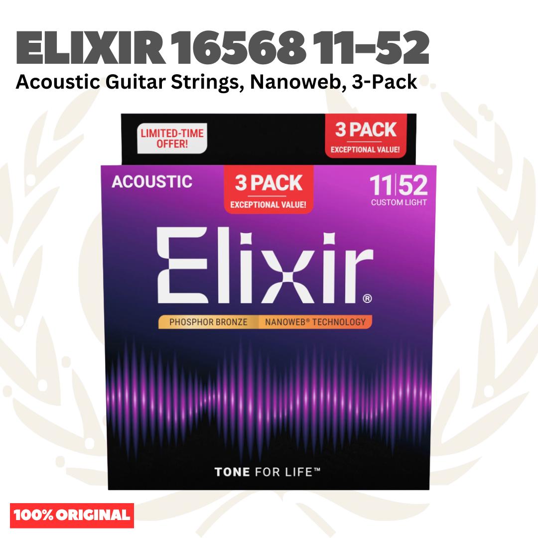 ELIXIR 16568 Nanoweb 3-Pack Phosphor Bronze Custom Light, 11-52 Acoustic Guitar Strings - Senar Gitar Acoustic isi 3Pack